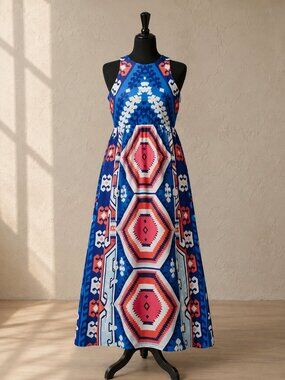 Halter Maxi Dress in Blue and Pink Geometric Print
